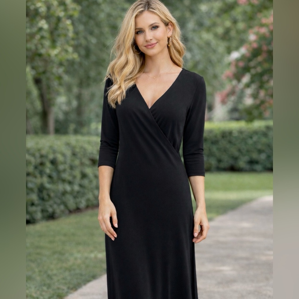 J Jill Black Surplice Jersey Knit Midi Dress Size M Stretch 3/4 Sleeve V Neck